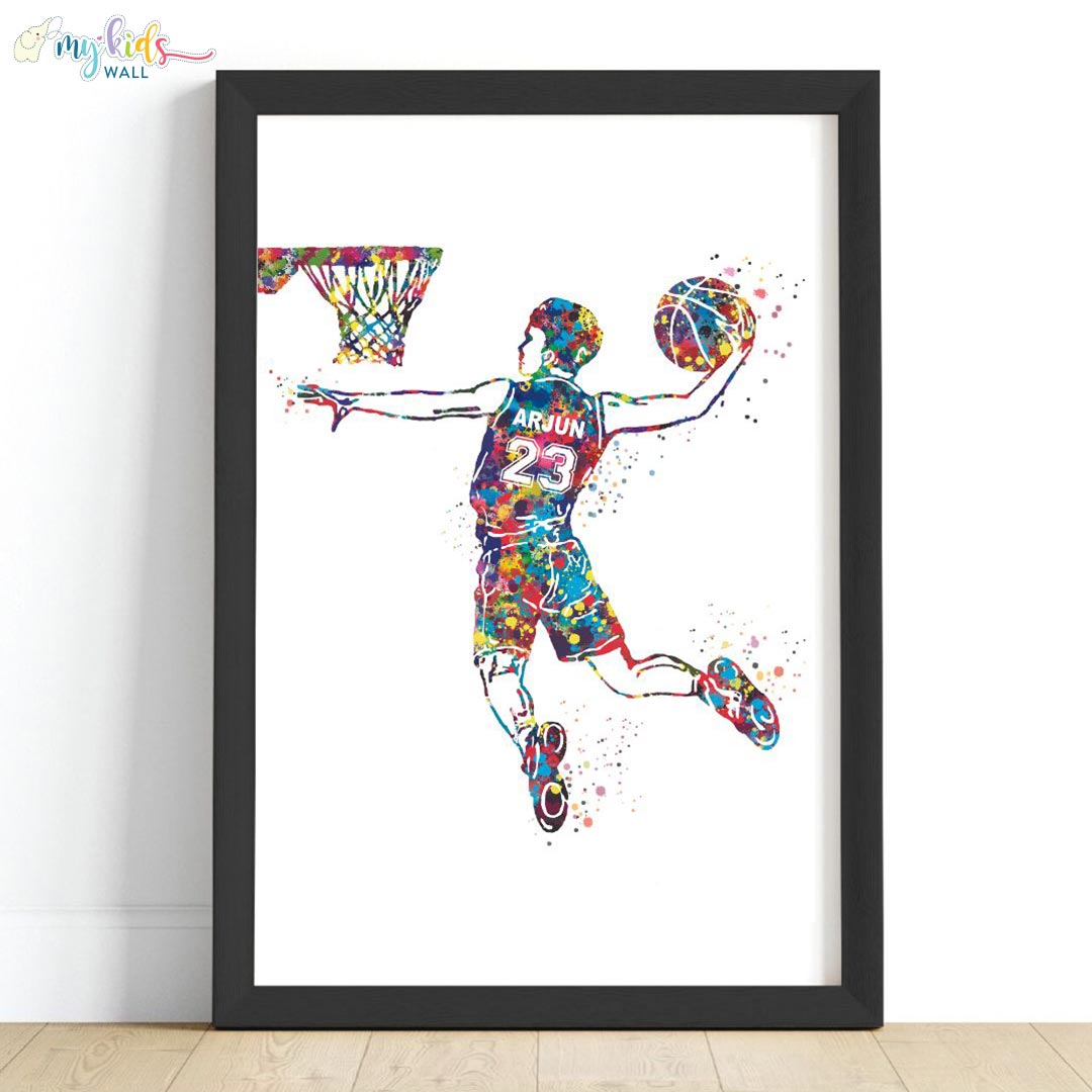 Multicolor boy basketball player black wall frame