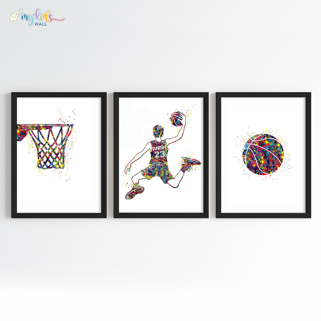 Basketball Player Personalised Wall Art Framed Set of 3 Black