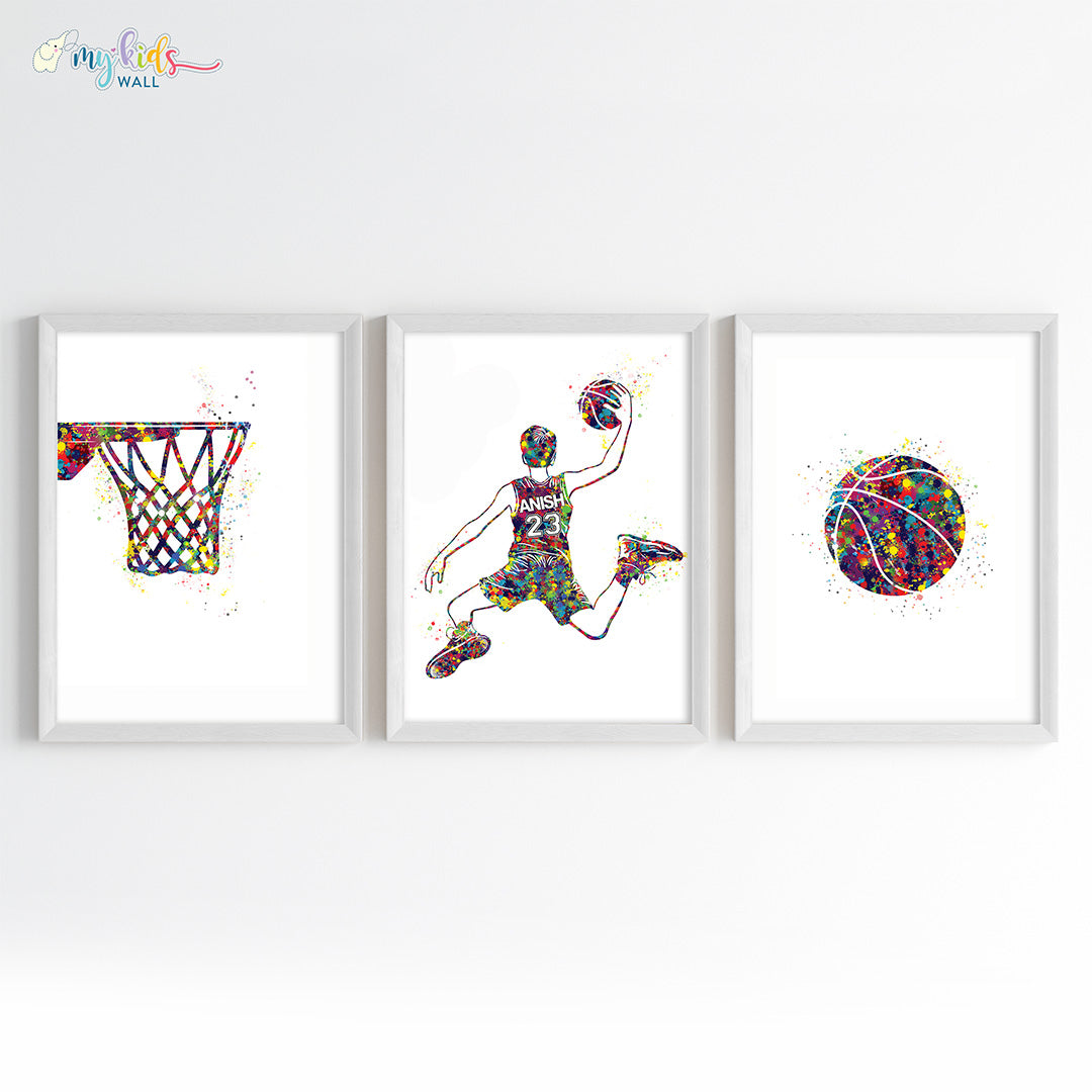 Basketball Player Personalised Wall Art Framed Set of 3 White