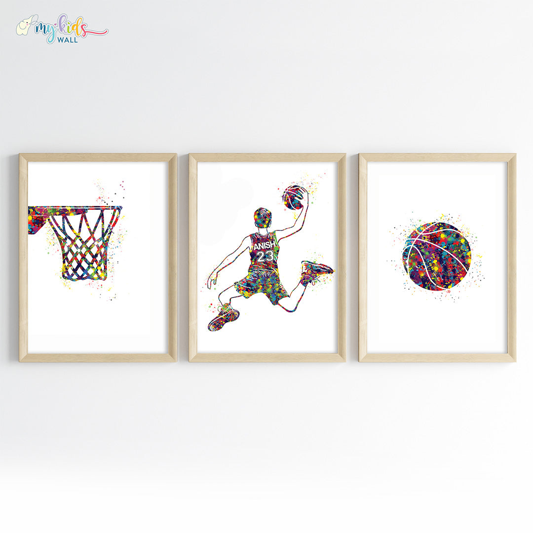 Basketball Player Personalised Wall Art Framed Set of 3 Wooden