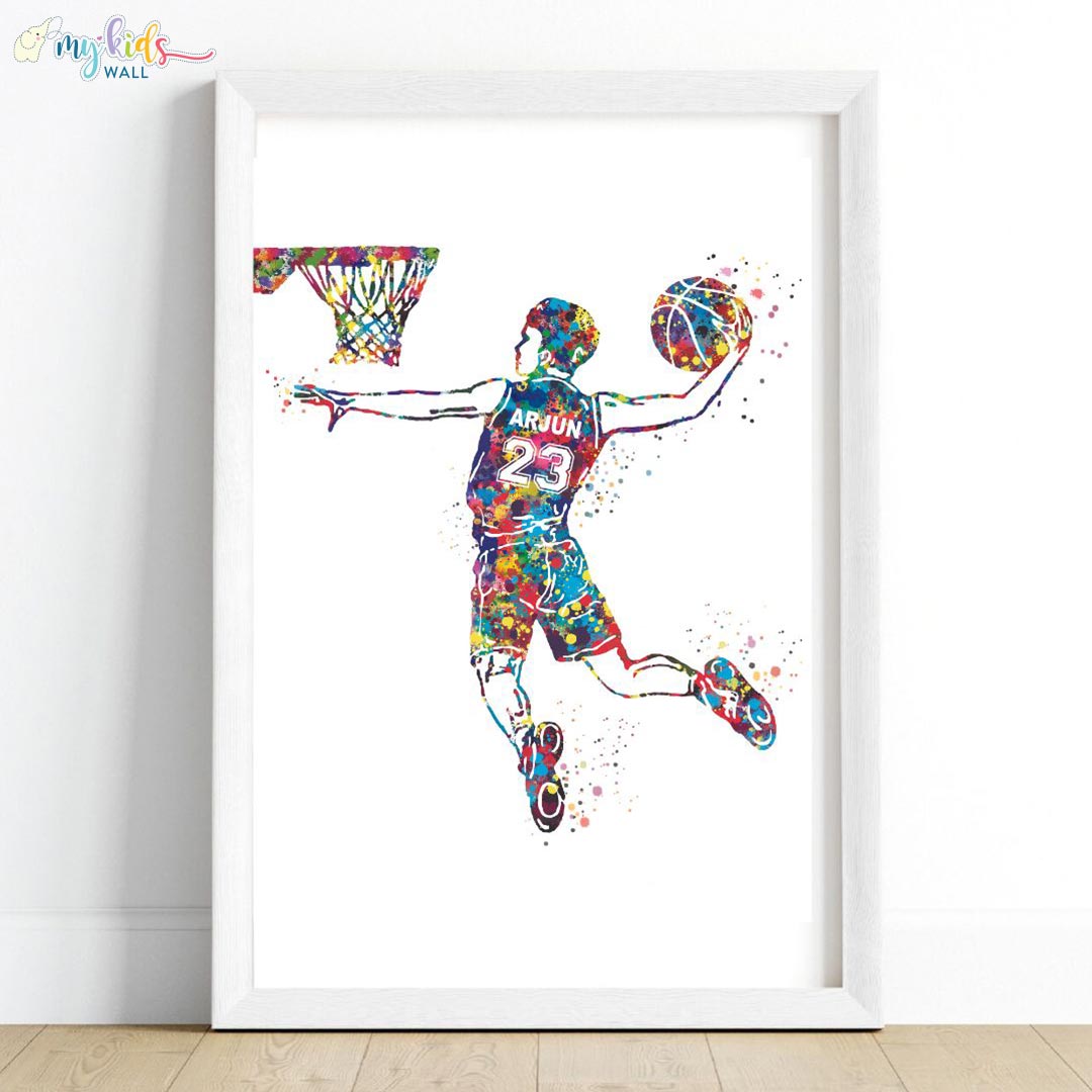 Multicolor boy basketball player white wall frame