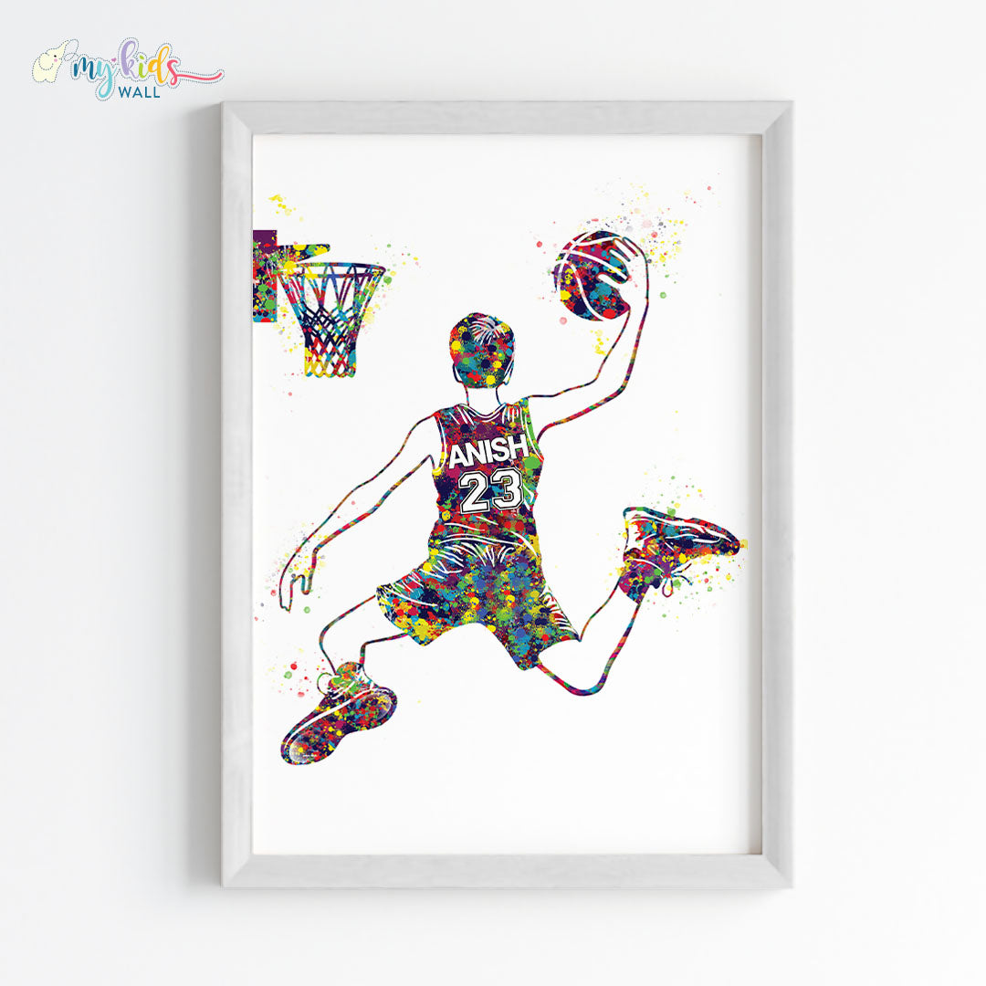 Basketball Player Personalised Wall Art Framed White