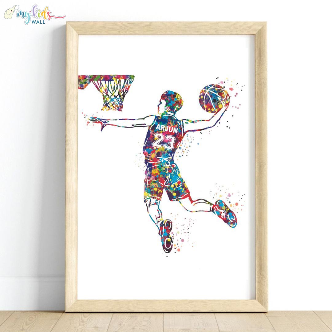 Multicolor boy basketball player wooden wall frame