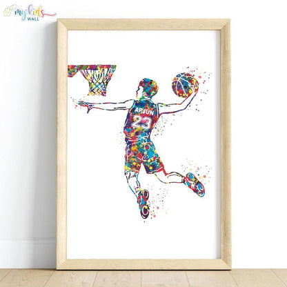 Multicolor boy basketball player wooden wall frame