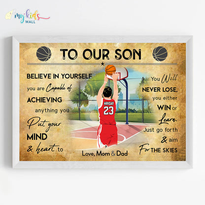 Motivational wall art of boy basketball player white wall frame