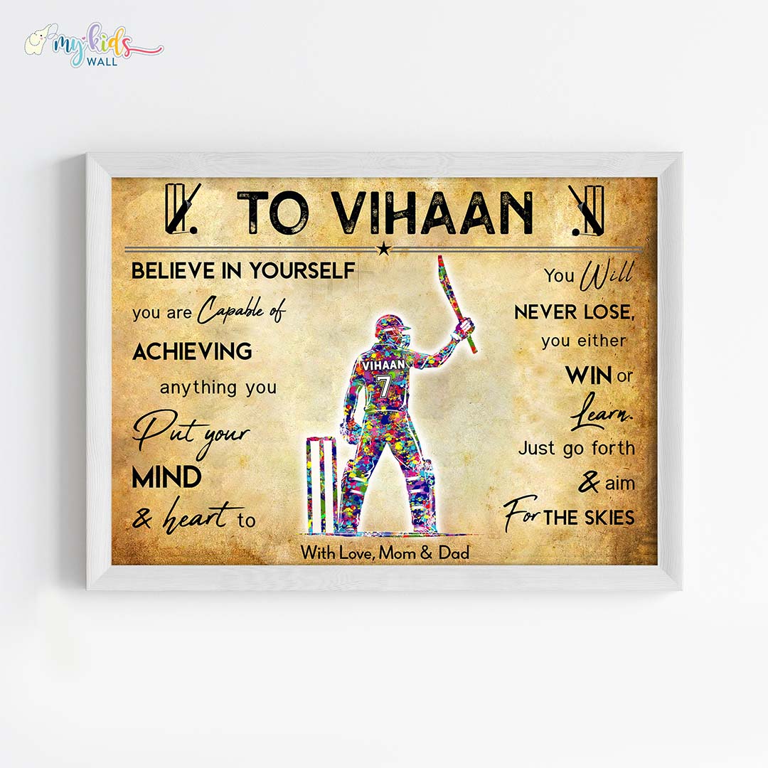 Best Cricket Batsman Personalized Motivational Wall Art White frame