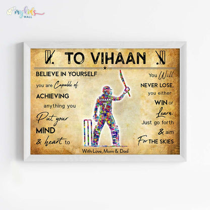 Best Cricket Batsman Personalized Motivational Wall Art White frame