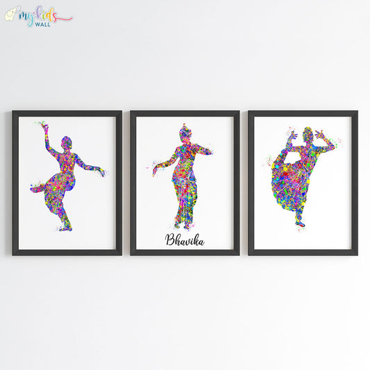 Multicolor Bharatanatyam Dancer set of 3 black frames