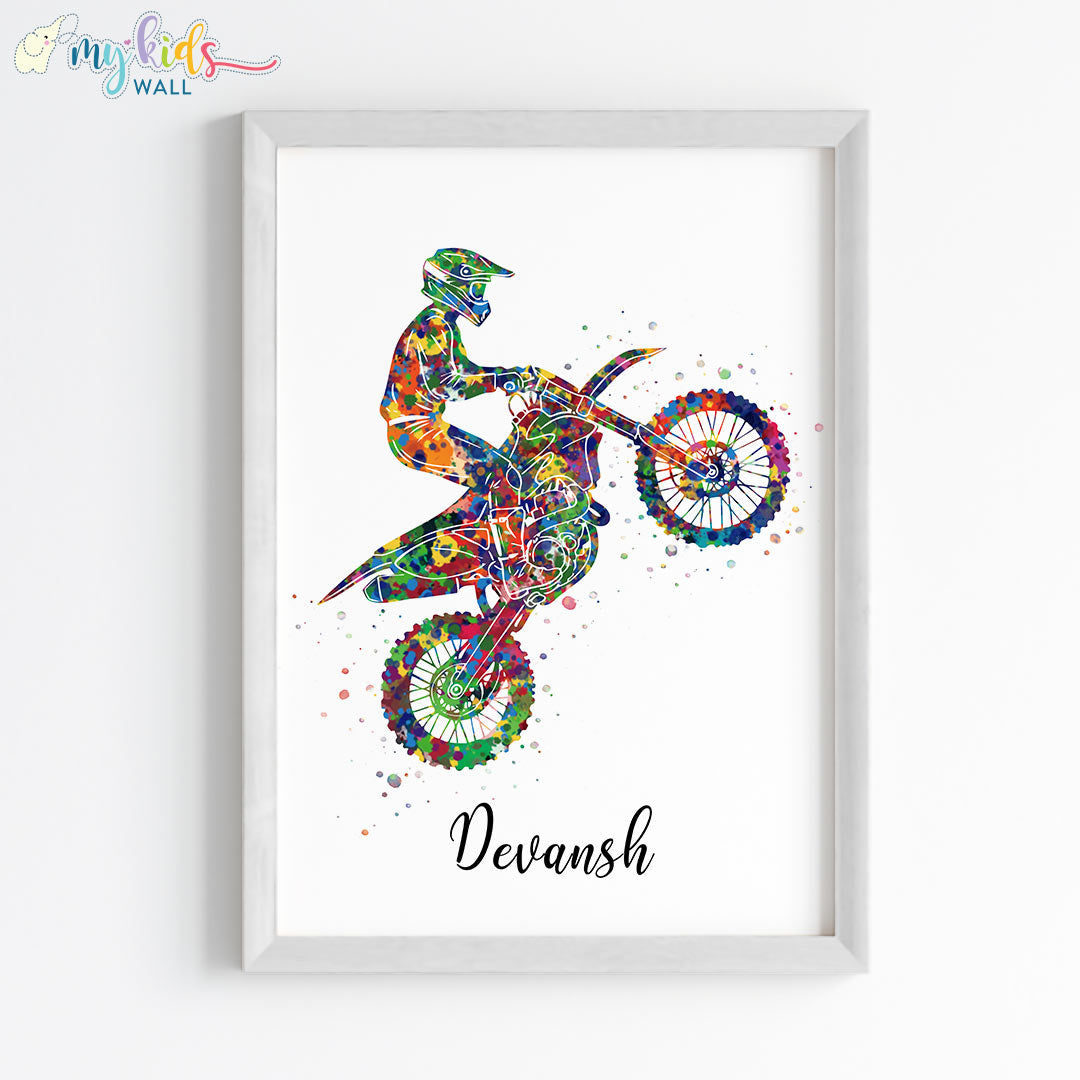 Bike Rider Boy Personalised Wall Art Framed White