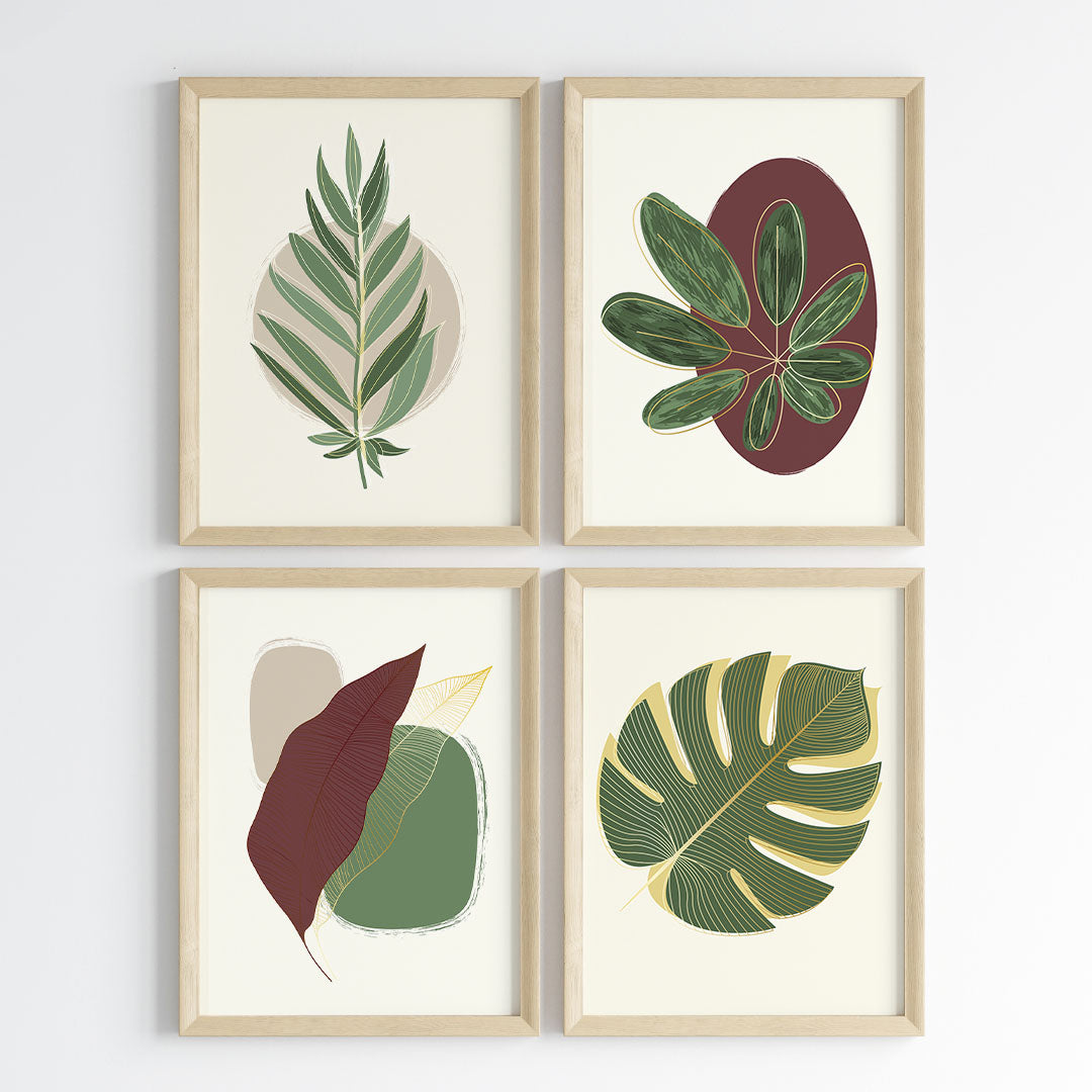 Boho Botanical Leaves Wall Art (Framed Set of 4)