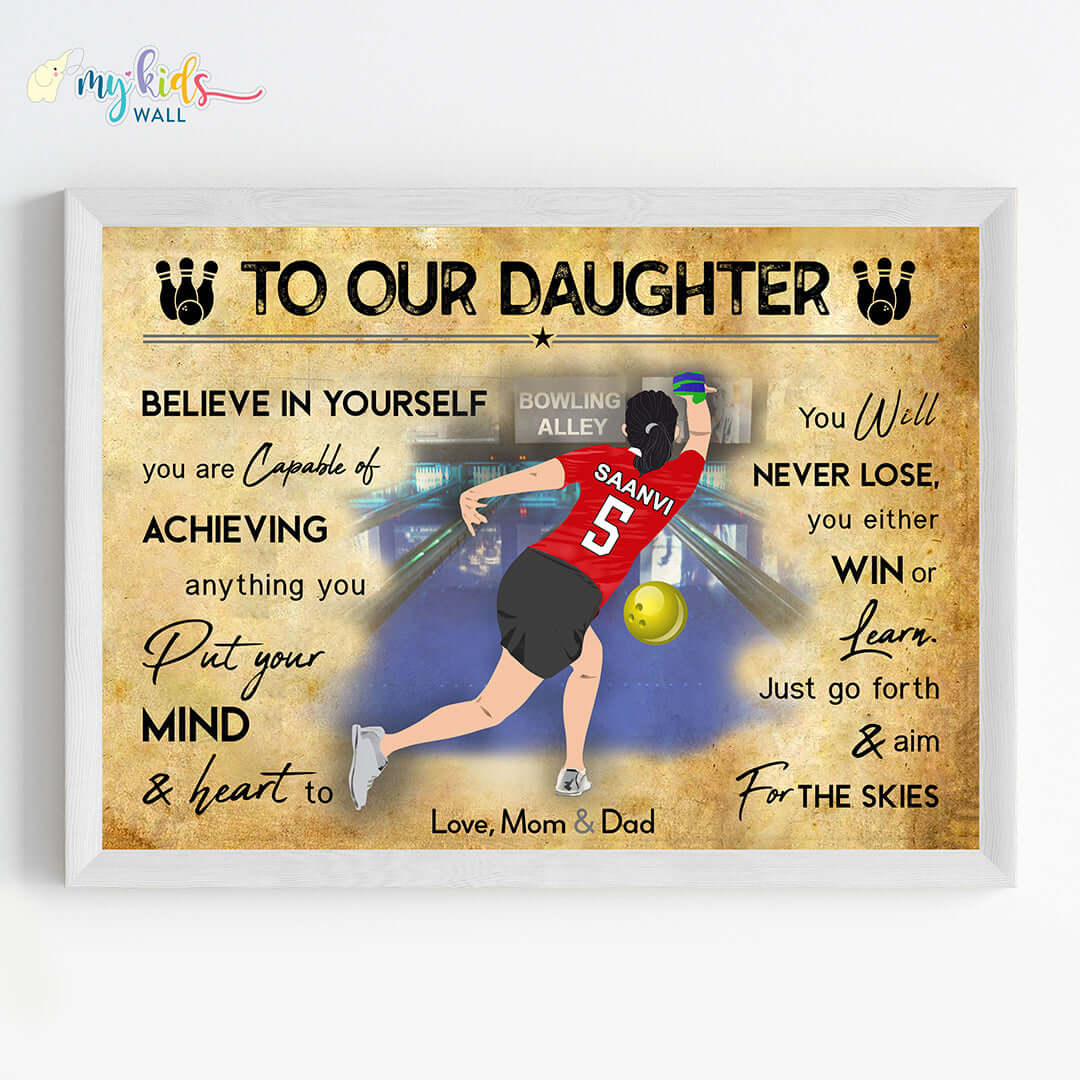 Motivational wall art of bowling player girl white wall frame