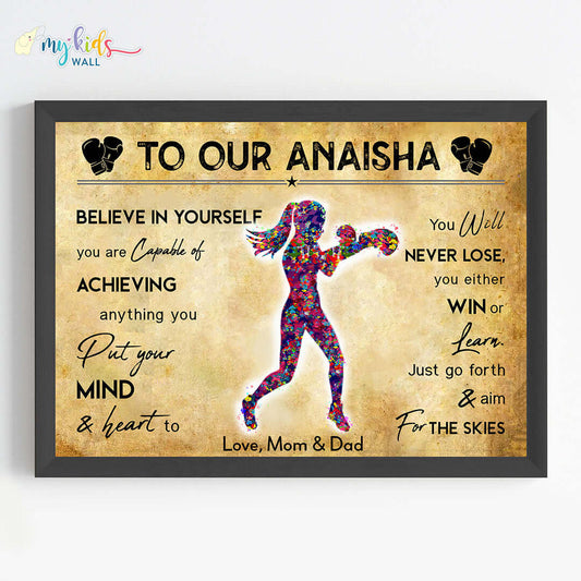 Motivational wall art of boxer girl black wall frame