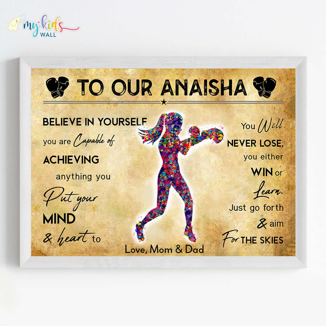 Motivational wall art of boxer girl white wall frame