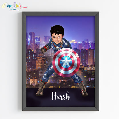 Young Superhero Captain America Personalized Portrait (Framed) New