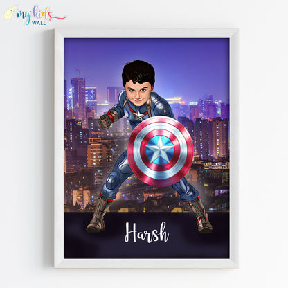 Young Superhero Captain America Personalized Portrait (Framed) New