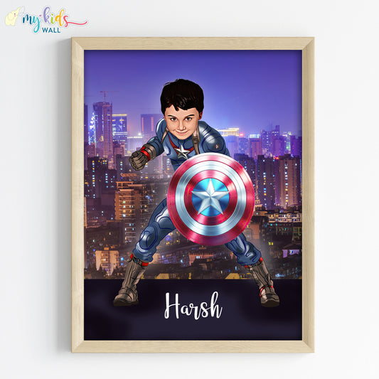 Young Superhero Captain America Personalized Portrait (Framed) New