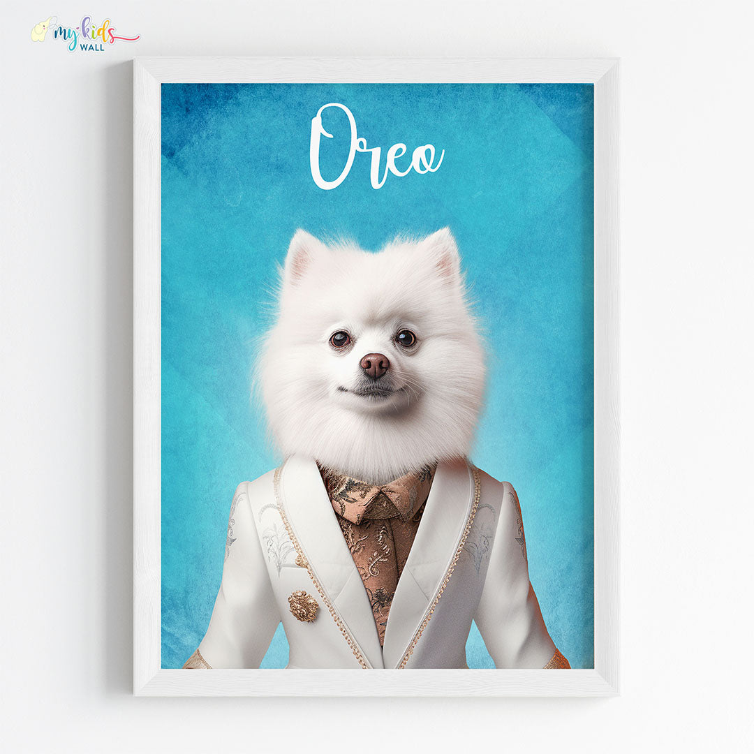 Pet portrait of a dog as a ceo of cuteness in white frame