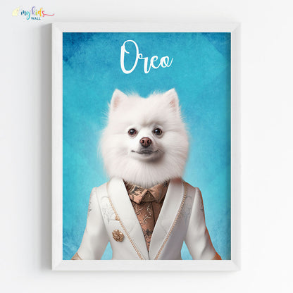 Pet portrait of a dog as a ceo of cuteness in white frame