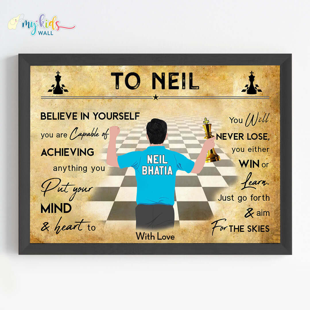 Motivational chess player boy black wall frame