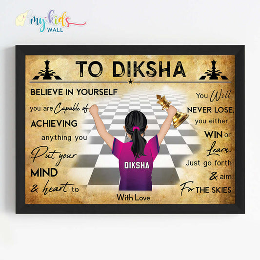 Motivational chess player girl black wall frame