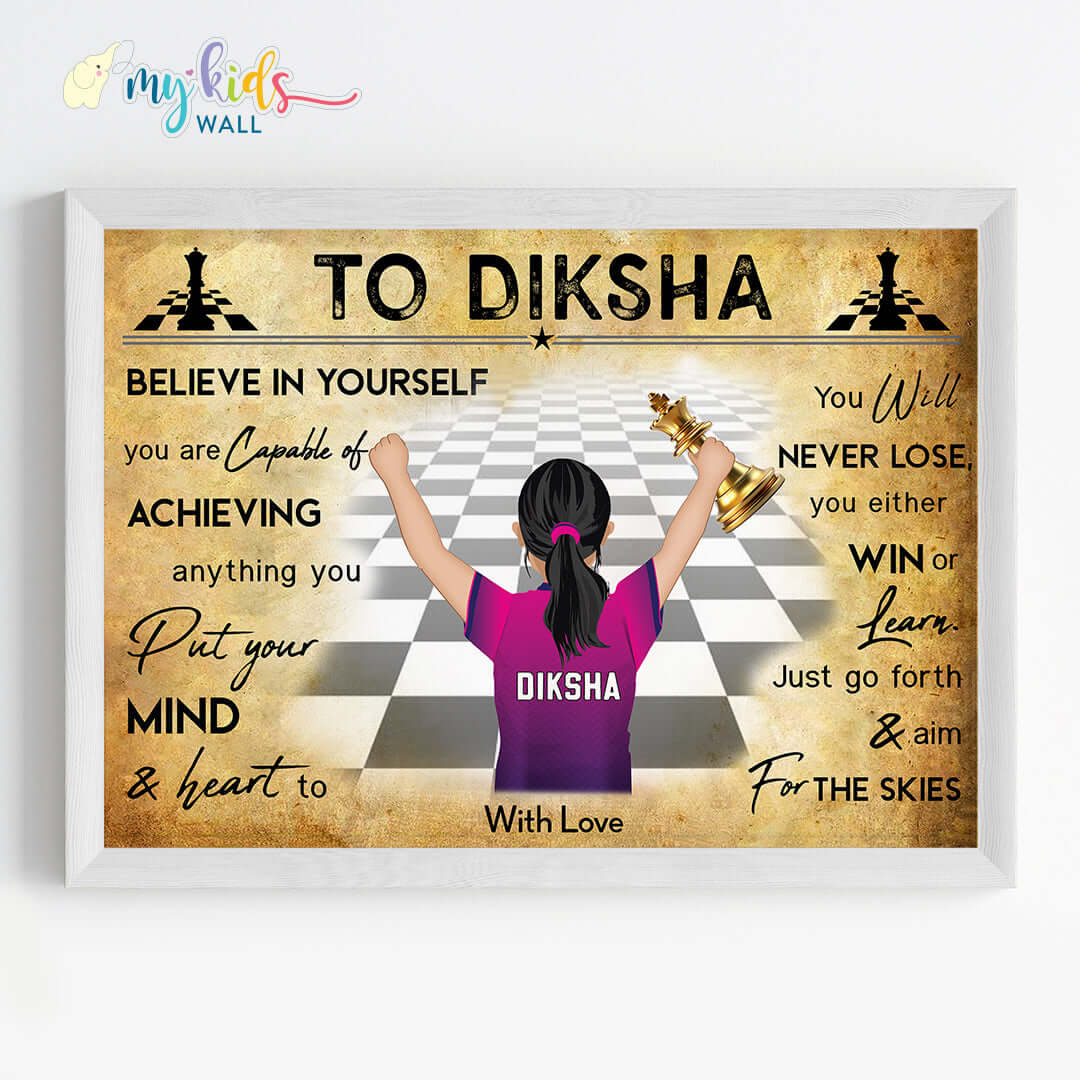 Motivational chess player girl white wall frame