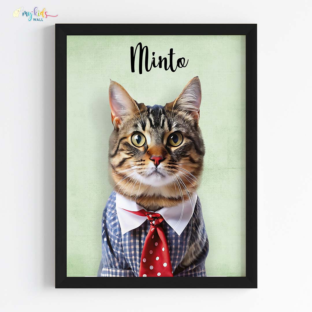 Pet portrait of a cat as a clever paws in black frame