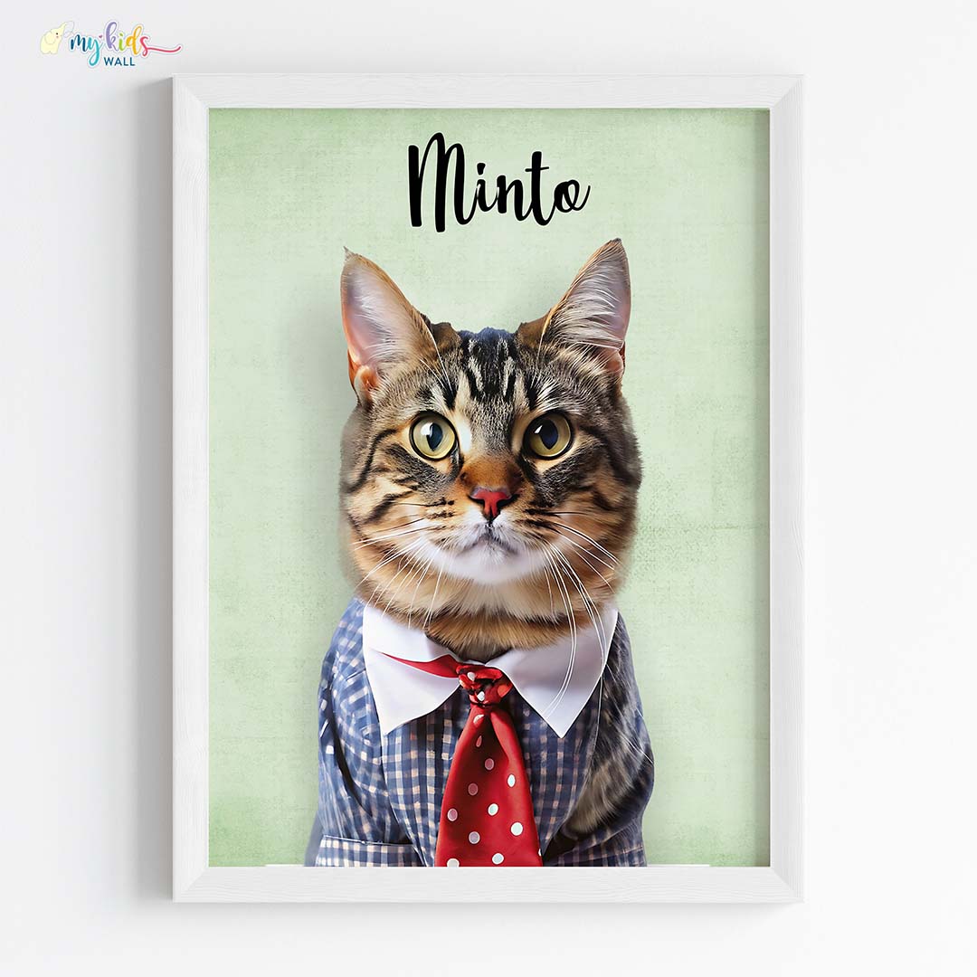 Pet portrait of a cat as a clever paws in white frame