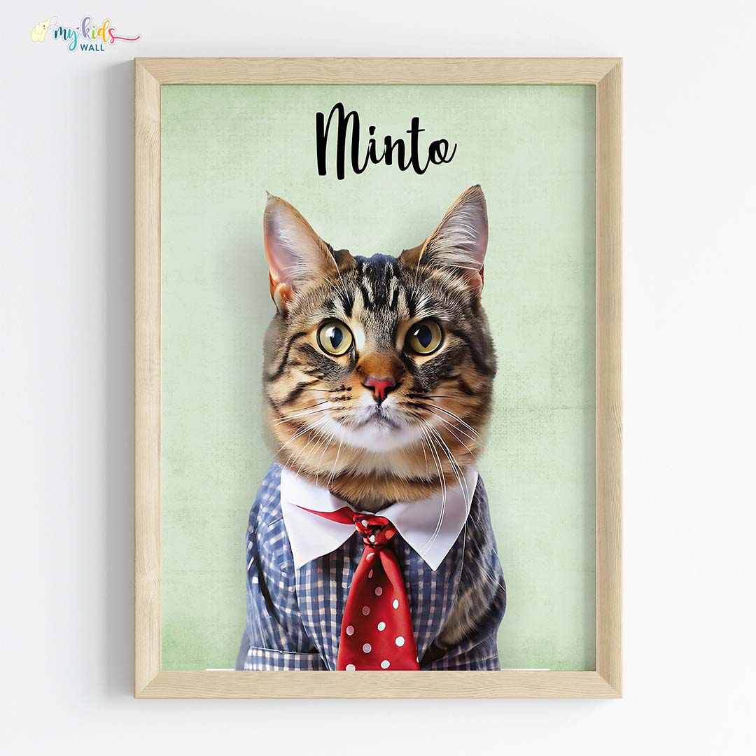 Pet portrait of a cat as a clever paws in wooden frame