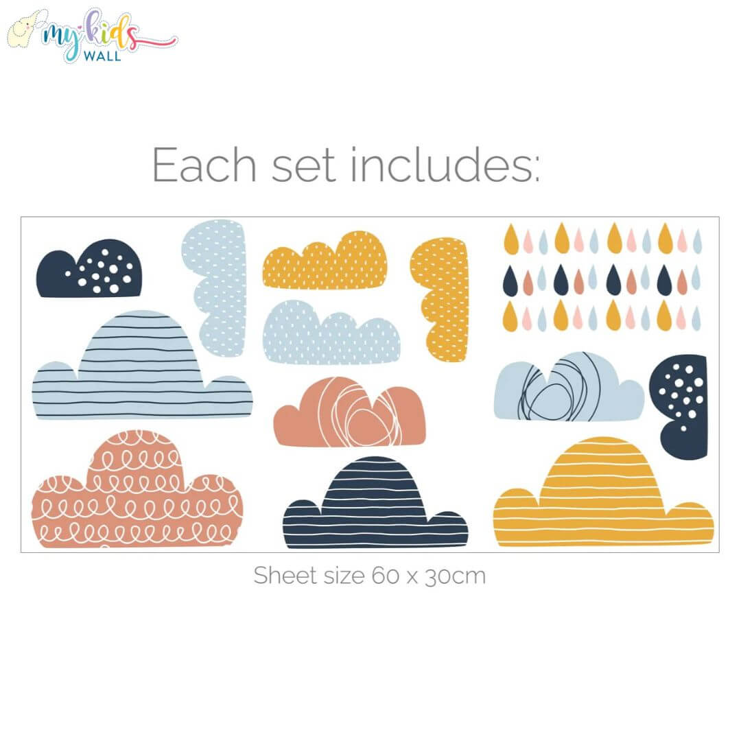 Colorful Clouds & Raindrops Wall Stickers counts