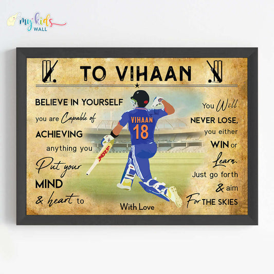 Motivational wall art of cricket batsman boy black frame