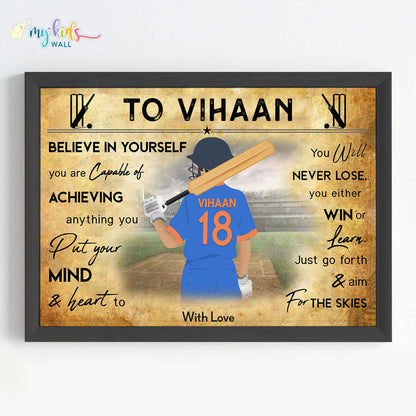 Motivational wall art of cricket batsman boy black frame