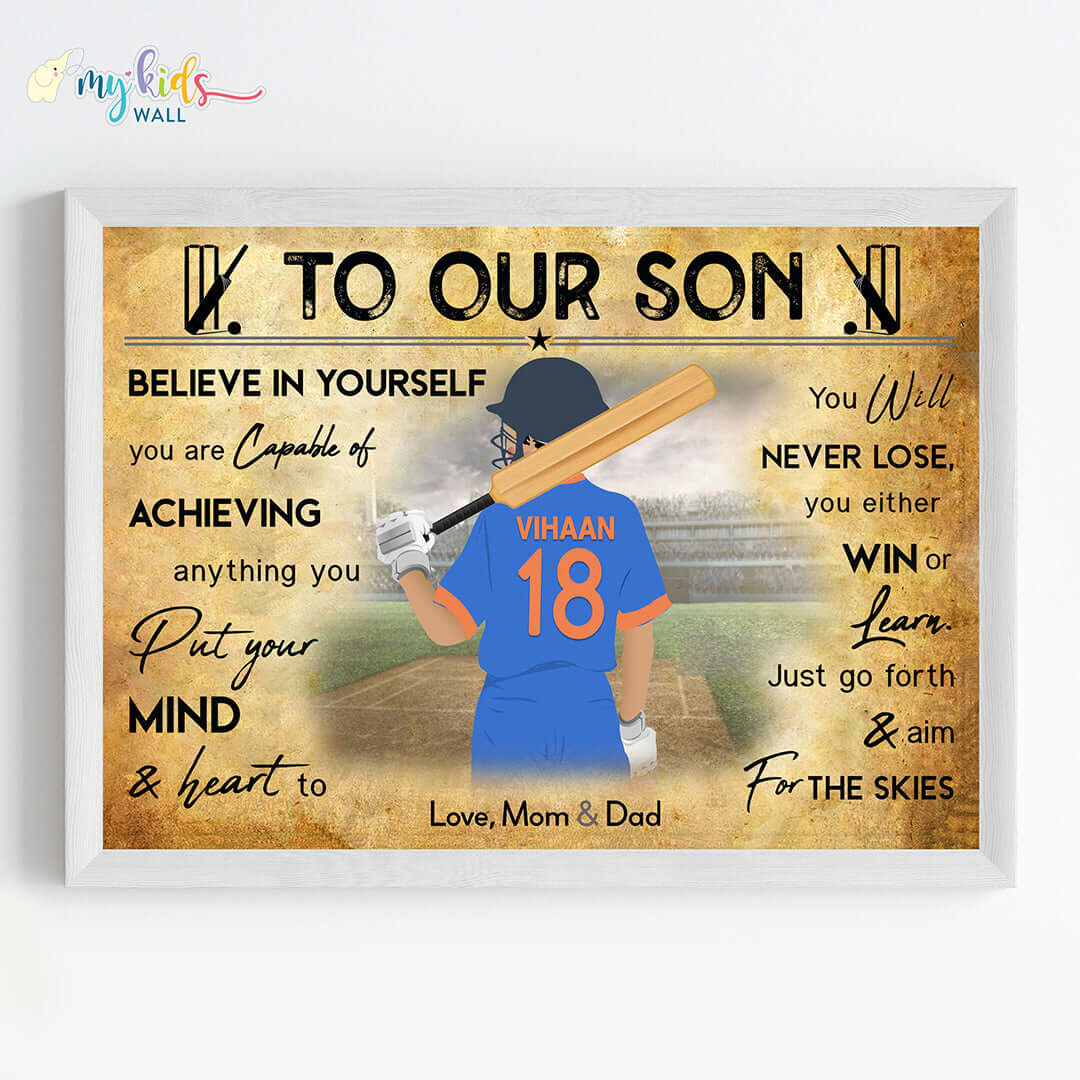 Motivational wall art of cricket batsman boy white frame