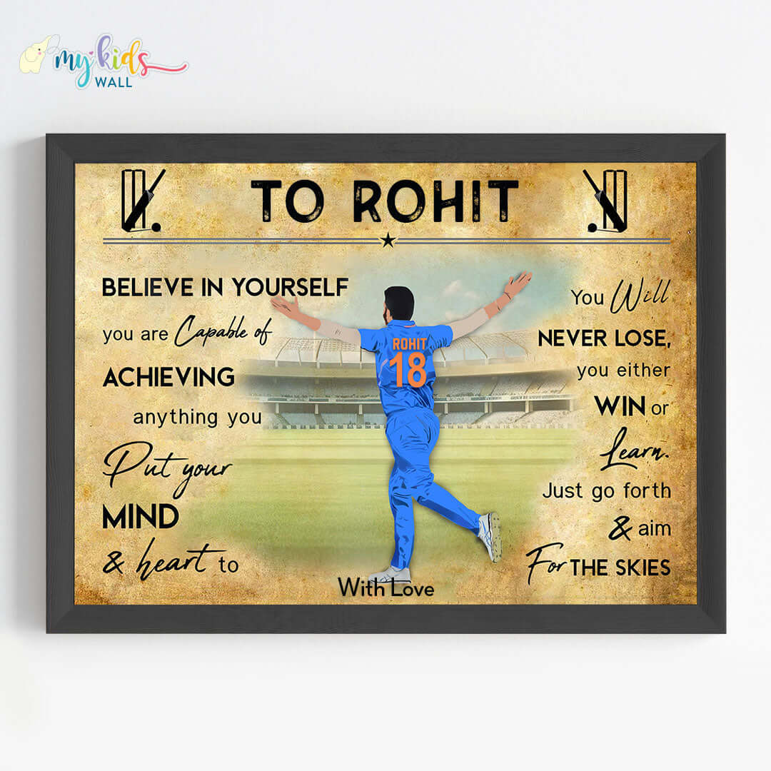 inspirational wall art of cricket bowler boy black frame