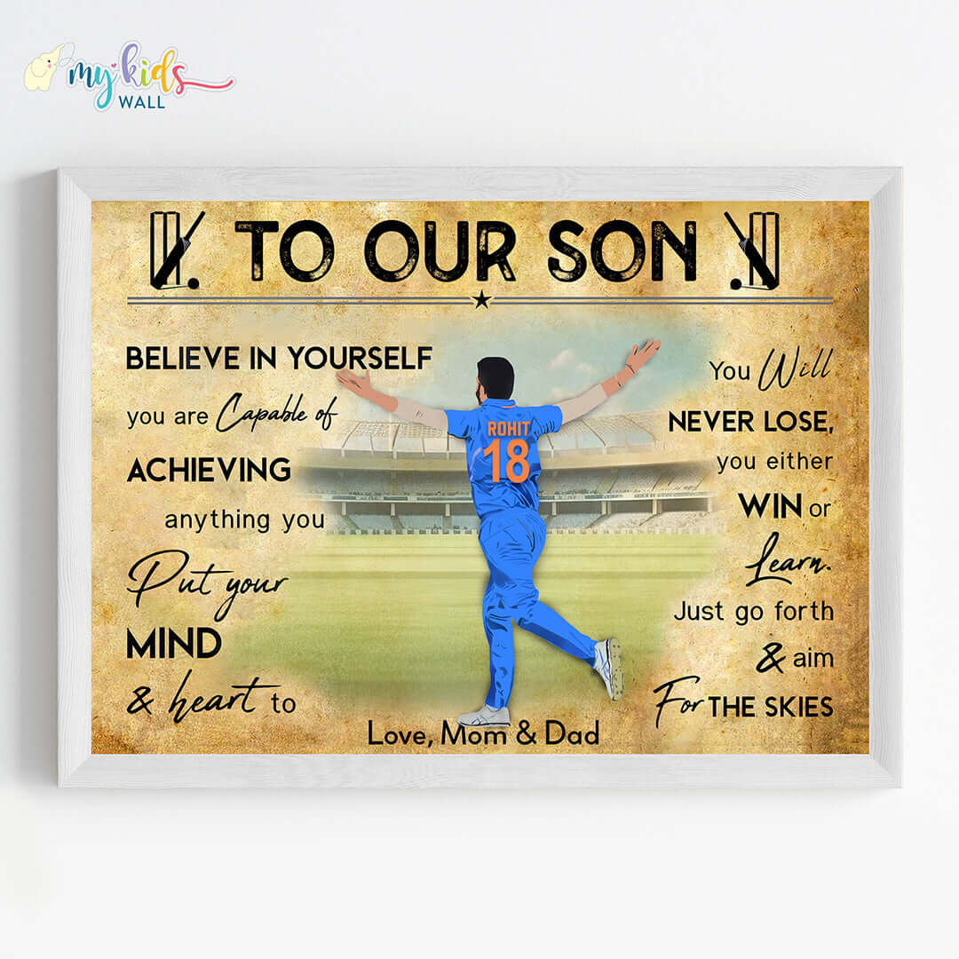 inspirational wall art of cricket bowler boy white frame