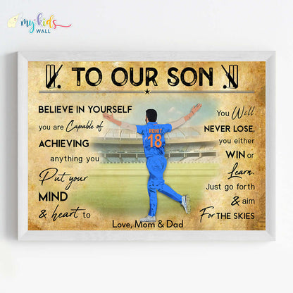 inspirational wall art of cricket bowler boy white frame