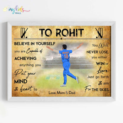 motivational cricket bowler wall art white frame