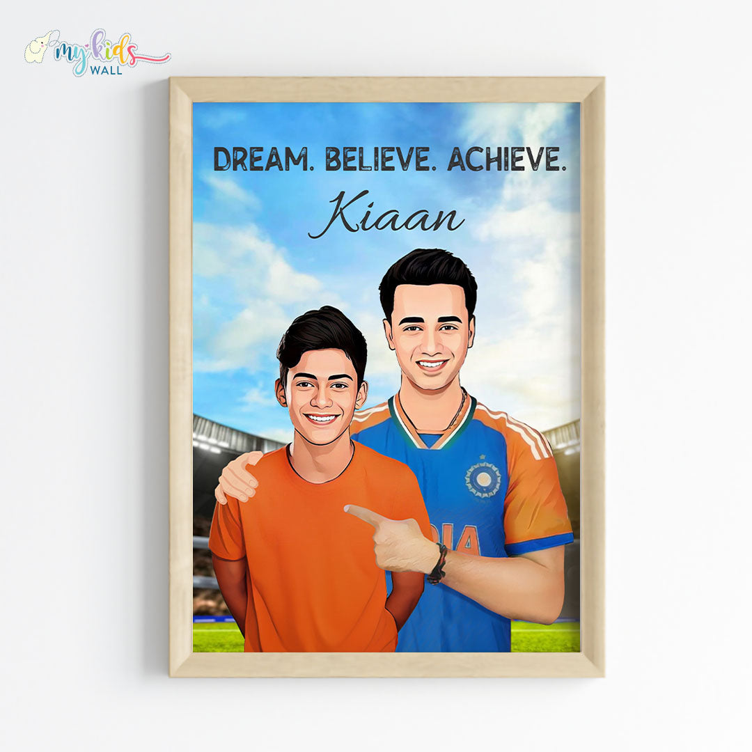 cricket champ with abhishek sharma personalized portrait wooden frame