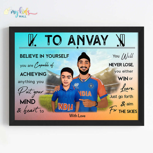 Motivational black wall frame of Arshdeep Singh with a child