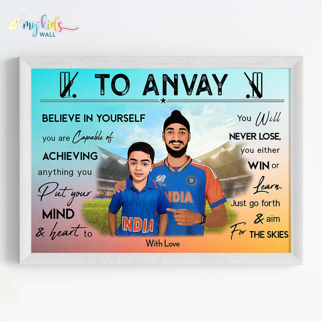 Motivational white wall frame of Arshdeep Singh with a child