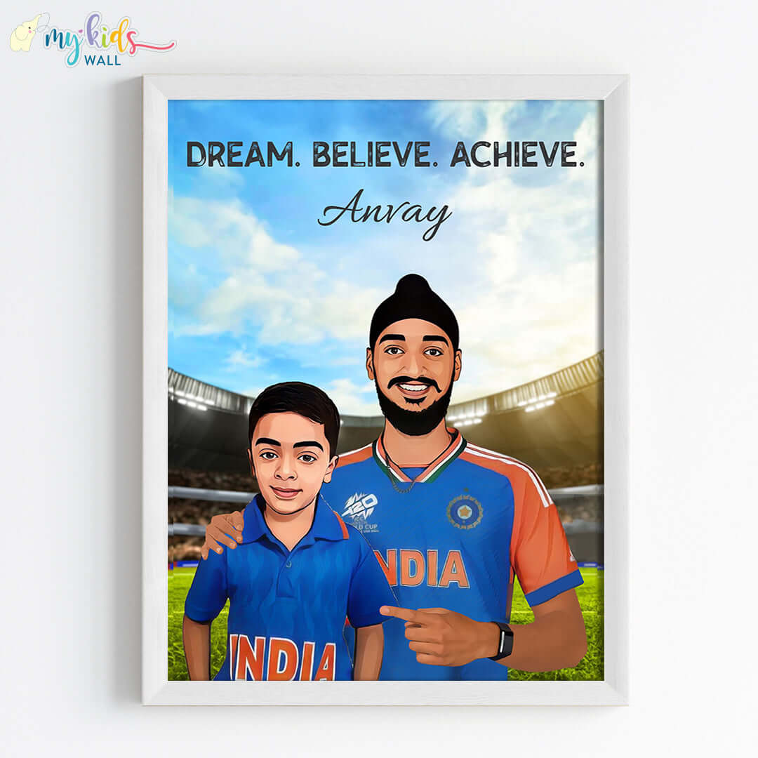 Inspirational white wall frame of Arshdeep Singh with a child