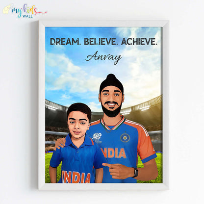 Inspirational white wall frame of Arshdeep Singh with a child