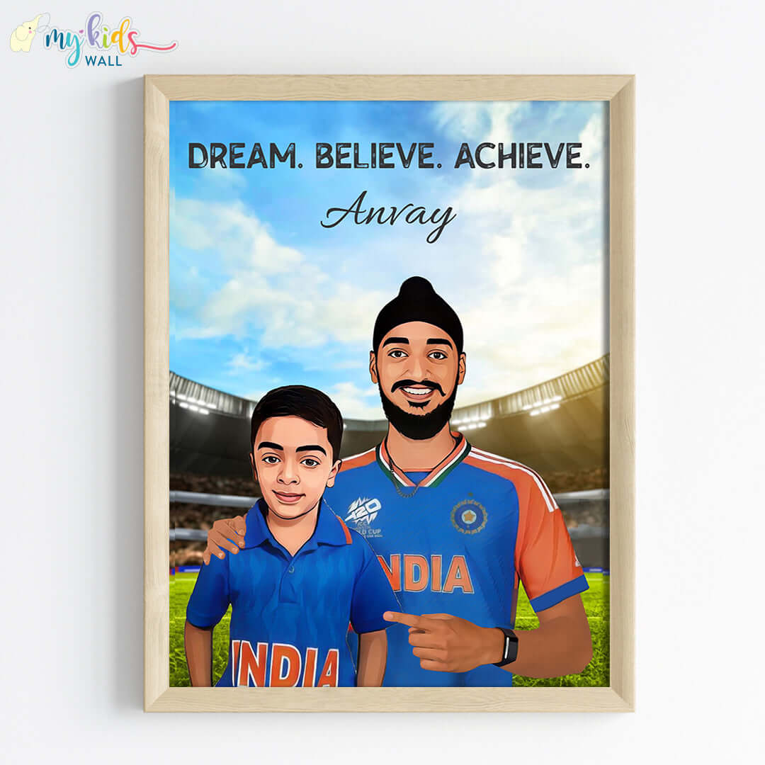 Inspirational wooden wall frame of Arshdeep Singh with a child