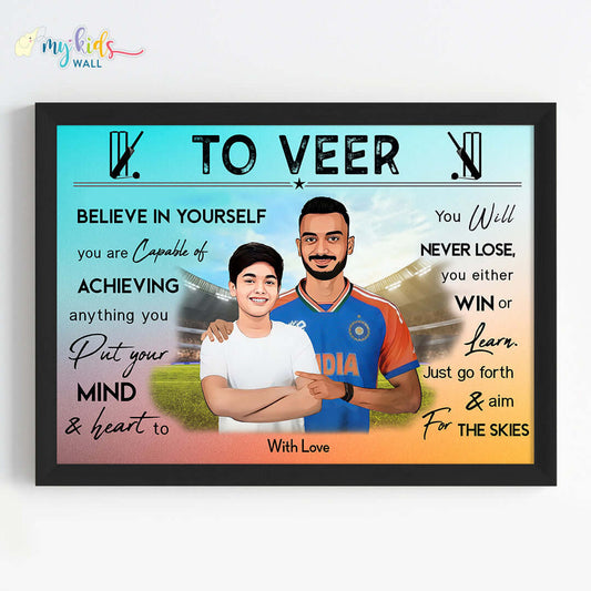 Motivational black wall frame of Axar Patel with a child