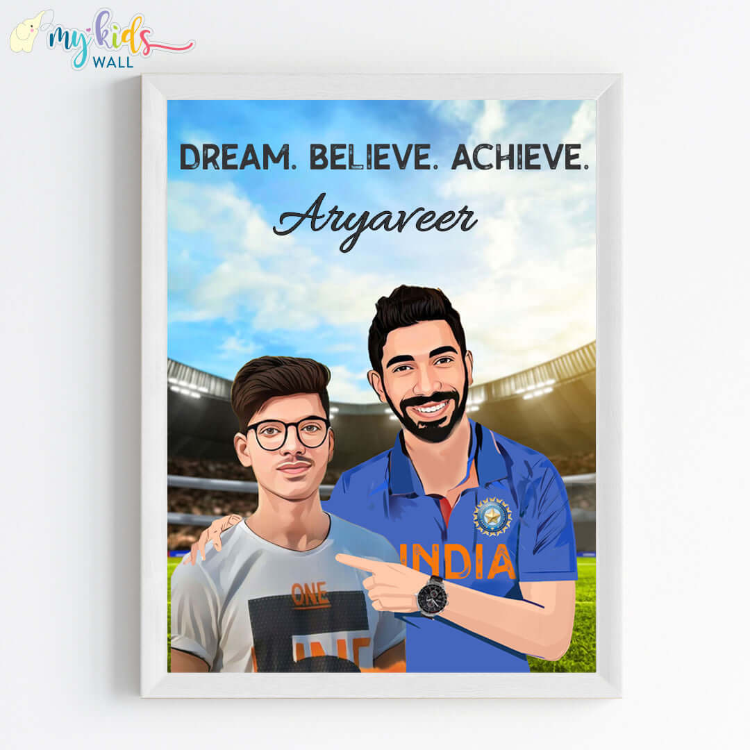 Inspirational white wall frame of Jasprit Bumrah with a child