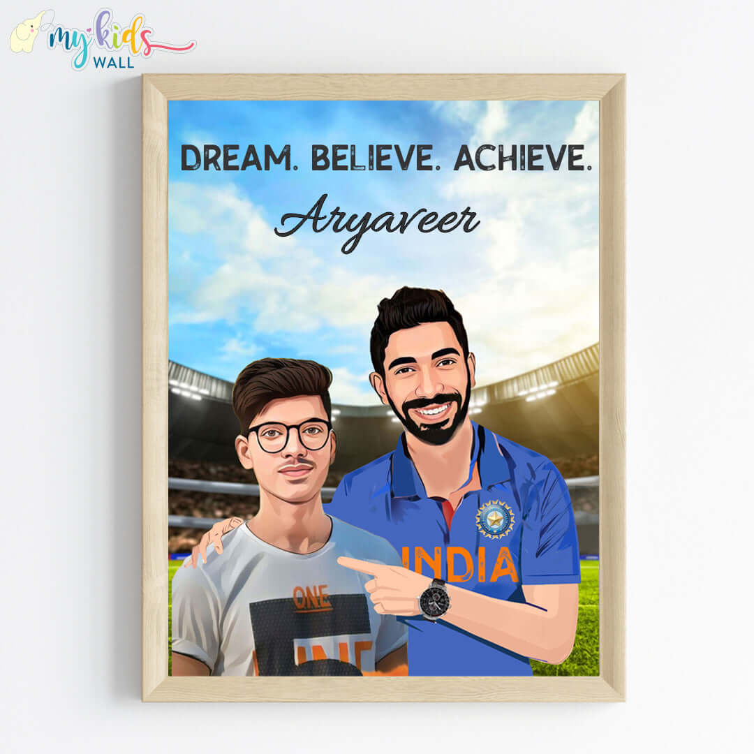 Inspirational wooden wall frame of Jasprit Bumrah with a child