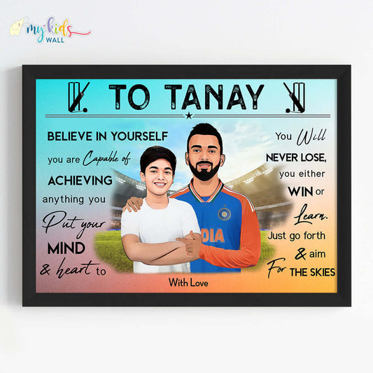 Motivational black wall frame of KL Rahul with a child