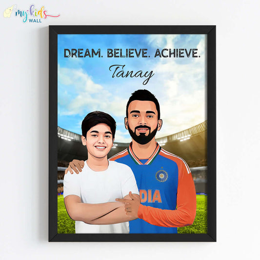 Inspirational black wall frame of KL Rahul with a child