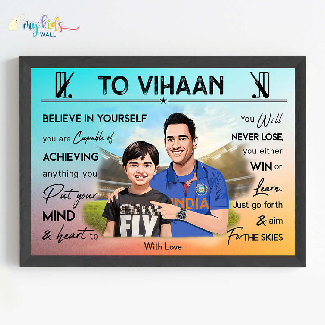 Motivational black wall frame of M. S. Dhoni with a child