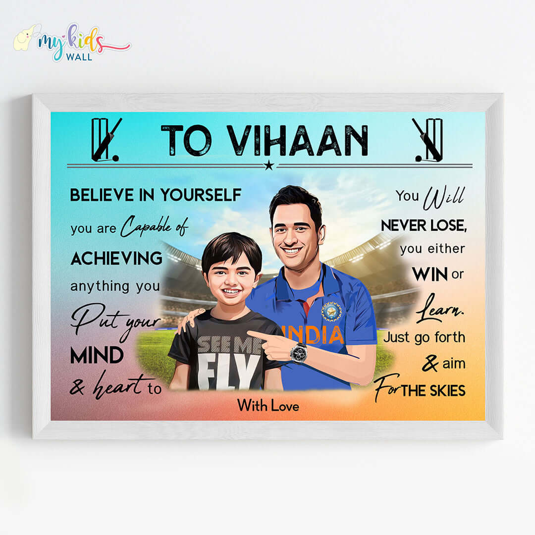 Motivational white wall frame of M. S. Dhoni with a child