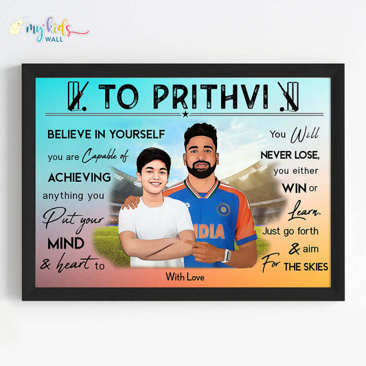 Motivational black wall frame of Mohammed Siraj with a child 